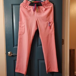 Pink Scrub Pants with Multicolor Rainbow Drawstring Size Small